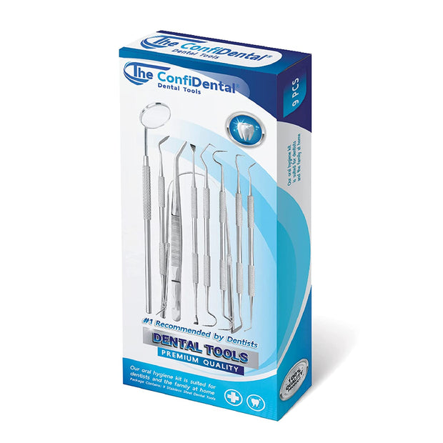 Kit de herramientas dentales de limpieza ConfiDental de 9 piezas: acero inoxidable médico y mango antideslizante 